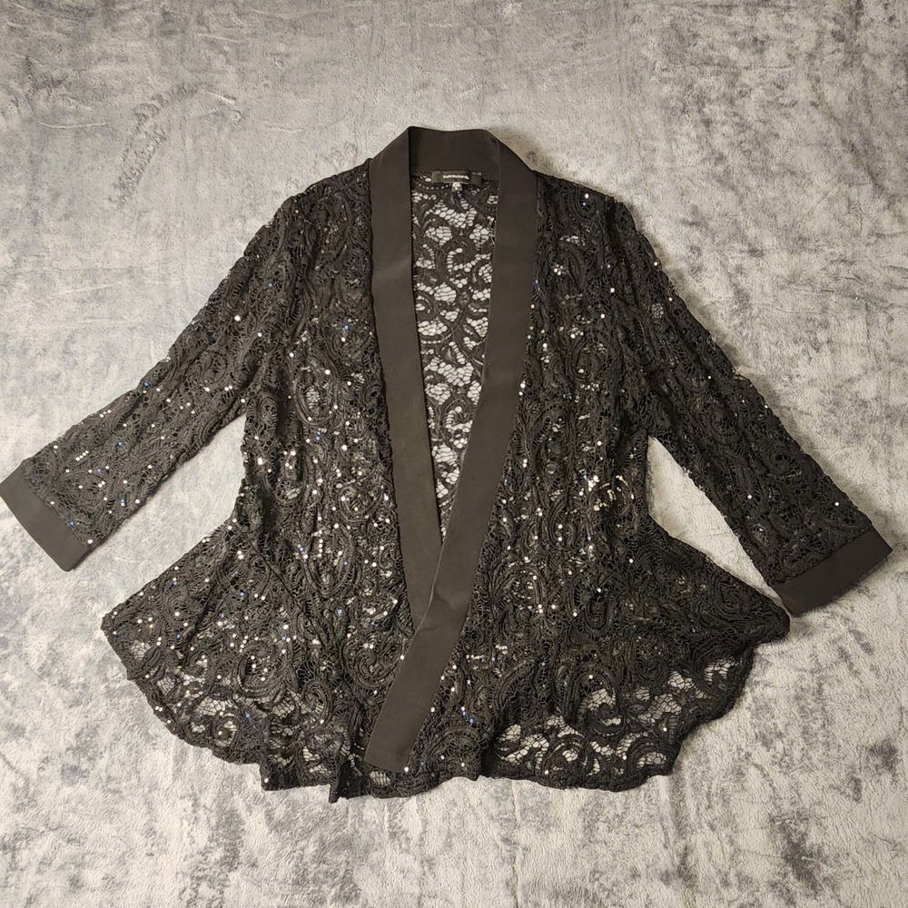 R&M Richards Black Sequin Lace Open Front Peplum Jacket Size L Made in USA